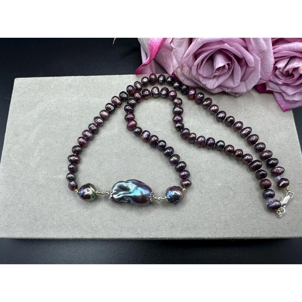 Baroque purple pearl necklace 925 sterling silver bi metal gold and silver jewel